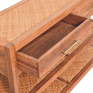 Saffron Rattan Console Table | Solid Mango Wood | Honey Caramel Finish | 2 Drawer Hallway Console with Rattan Shelves
