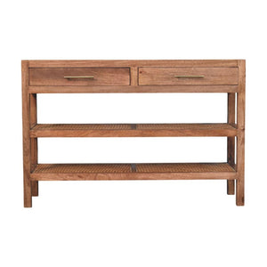 Saffron Rattan Console Table | Solid Mango Wood | Honey Caramel Finish | 2 Drawer Hallway Console with Rattan Shelves