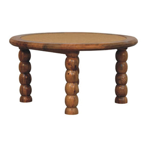 Sahara Round Spindle Coffee Table | Solid Mango Wood | Rattan Inlay | Oakish Finish