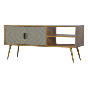 Sleek Cement Media Unit | Brass Inlay Detail | Contemporary Entertainment Cabinet