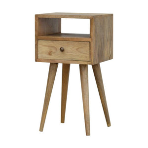 Slimline Mango Wood Bedside Table | Oak-Inspired Finish | Open Shelf & Drawer