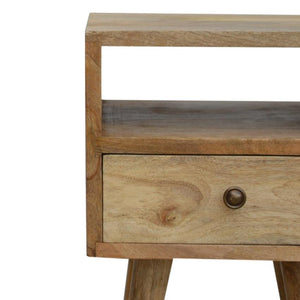 Slimline Mango Wood Bedside Table | Oak-Inspired Finish | Open Shelf & Drawer