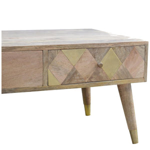 Solid Mango Wood Coffee Table | 4 Drawers | Oak-Style Finish & Brass Inlay