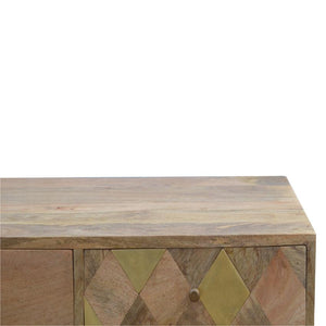 Solid Mango Wood Coffee Table | 4 Drawers | Oak-Style Finish & Brass Inlay
