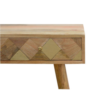 Solid Mango Wood Console Table | Geometric Brass Inlay | Oak-Inspired Finish