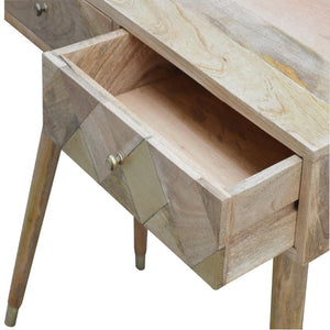 Solid Mango Wood Console Table | Geometric Brass Inlay | Oak-Inspired Finish