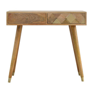 Solid Mango Wood Console Table | Geometric Brass Inlay | Oak-Inspired Finish