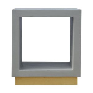 Solid Mango Wood Cube Bedside Table | Open Shelf | Cement-Style Finish & Gold Base