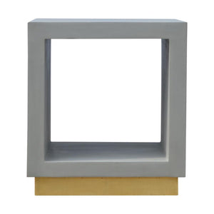 Solid Mango Wood Cube Bedside Table | Open Shelf | Cement-Style Finish & Gold Base