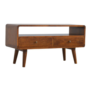 Curved Mango Wood Media Unit | Chestnut Finish | 90cm