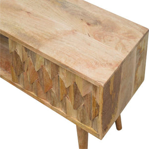 Solid Mango Wood Media Unit | Oak-Inspired Finish | Pineapple-Carved Sliding Door