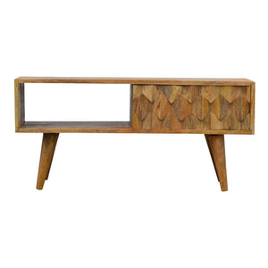 Solid Mango Wood Media Unit | Oak-Inspired Finish | Pineapple-Carved Sliding Door