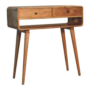 Sonata Curved Console Table | Solid Mango Wood | Oak-Ish Finish | 2 Drawers & Open Shelf