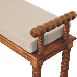 Spindle Amber Linen Bench | Solid Mango Wood | Amber Finish | Upholstered Hallway Seat