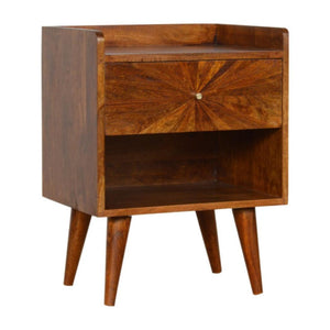 Sunrise Carved Bedside Table | Solid Mango Wood | Chestnut Finish | Bedroom Storage