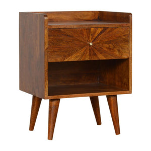 Sunrise Carved Bedside Table | Solid Mango Wood | Chestnut Finish | Bedroom Storage
