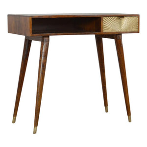 Sunrise Gold Carved Writing Desk | Solid Mango Wood | Chestnut Finish | Home Office Table