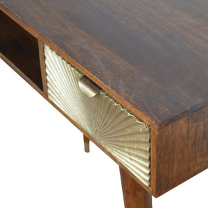 Sunrise Gold Carved Writing Desk | Solid Mango Wood | Chestnut Finish | Home Office Table