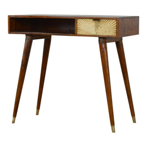 Sunrise Gold Carved Writing Desk | Solid Mango Wood | Chestnut Finish | Home Office Table