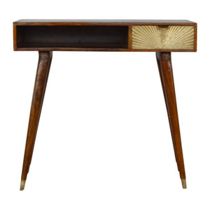 Sunrise Gold Carved Writing Desk | Solid Mango Wood | Chestnut Finish | Home Office Table