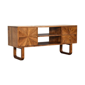 Sunrise Media Unit | Solid Mango Wood | Chestnut Finish | Carved Storage