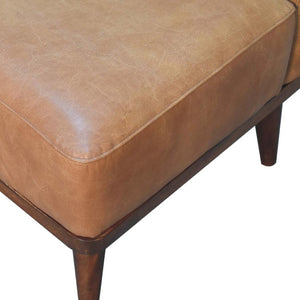 Tan Buffalo Leather Backrest Footstool | Solid Mango Wood | Chestnut Finish | Nordic Legs