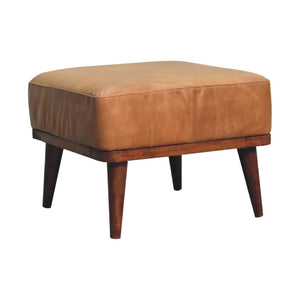 Tan Buffalo Leather Footstool | Solid Mango Wood | Chestnut Finish | Compact Ottoman