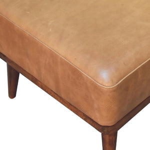 Tan Buffalo Leather Footstool | Solid Mango Wood | Chestnut Finish | Compact Ottoman