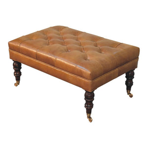 Tan Leather Ottoman | Solid Mango Wood | California Walnut Finish | Castor Legs
