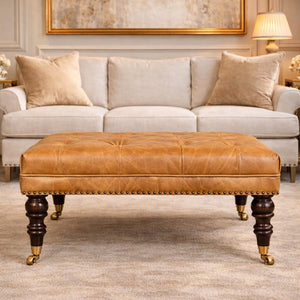 Tan Leather Upholstered Ottoman | Footstool | Accent Seat