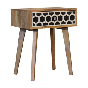 Tapered Bone Inlay Bedside Table | Solid Mango Wood | Oak Finish | Drawer & Shelf