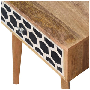 Tapered Bone Inlay Bedside Table | Solid Mango Wood | Oak Finish | Drawer & Shelf