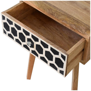 Tapered Bone Inlay Bedside Table | Solid Mango Wood | Oak Finish | Drawer & Shelf