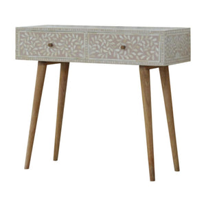 Taupe Floral Bone Inlay Console Table | Solid Mango Wood | Handcrafted Hallway Furniture