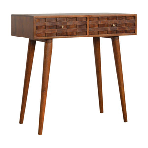 Tile Carved Console Table | Solid Mango Wood | Chestnut Finish | Hallway Storage