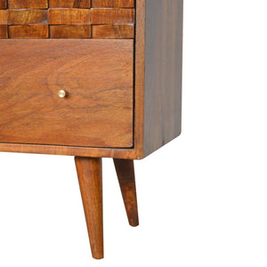 Tile Carved Storage Chest | Solid Mango Wood | Chestnut Finish | Artisan Drawer Cabinet
