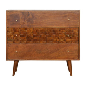 Tile Carved Storage Chest | Solid Mango Wood | Chestnut Finish | Artisan Drawer Cabinet