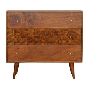 Tile Carved Storage Chest | Solid Mango Wood | Chestnut Finish | Artisan Drawer Cabinet