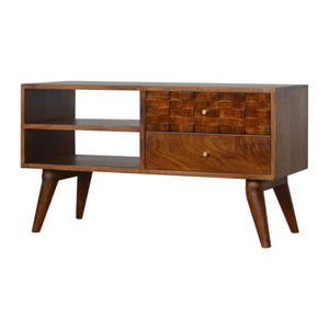 Tile Carved TV Unit | Solid Mango Wood | Chestnut Finish | Media Storage Console