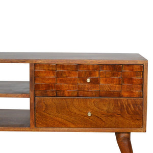 Tile Carved TV Unit | Solid Mango Wood | Chestnut Finish | Media Storage Console