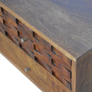 Tile Carved TV Unit | Solid Mango Wood | Chestnut Finish | Media Storage Console