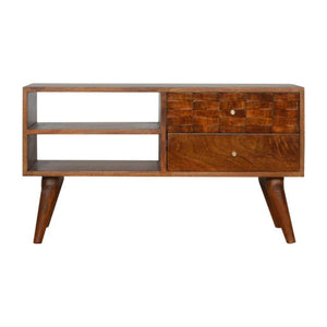 Tile Carved TV Unit | Solid Mango Wood | Chestnut Finish | Media Storage Console