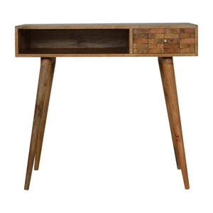 Tile Carved Writing Desk | Solid Mango Wood | Open Storage Slot | Artisan Office Table
