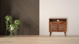 Tova Open Shelf Cabinet | Solid Mango Wood | Chestnut Finish | Patterned Doors