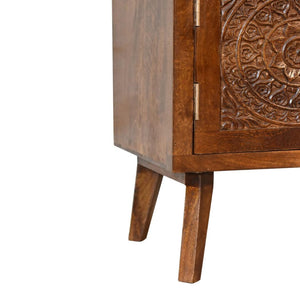 Tova Open Shelf Cabinet | Solid Mango Wood | Chestnut Finish | Patterned Doors