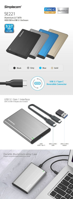 SE221 Aluminium 2.5" SATA HDD/SSD to USB 3.1 Enclosure | Gold