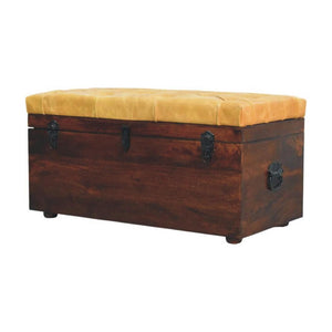 Walnut Storage Trunk Bench | Tan Leather Seat