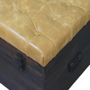 Walnut Storage Trunk Bench | Tan Leather Seat