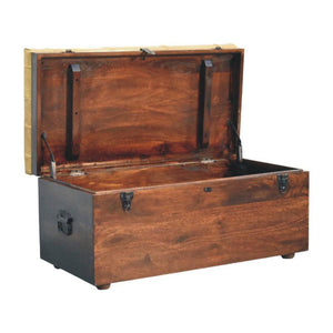 Walnut Storage Trunk Bench | Tan Leather Seat