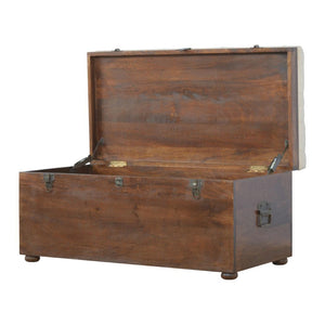 White Linen Storage Trunk | Solid Mango Wood | Chestnut Finish | Buttoned Bench